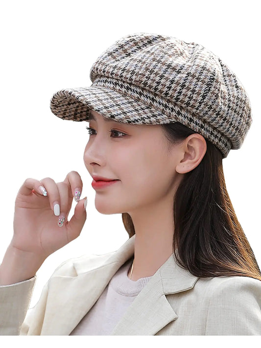 Nanwansu Womens Newsboy Cap Retro Plaid Octagonal Hat Outdoor Sun Hats Casual Cap Painter Hat for Women Paperboy Beret Caps Beige