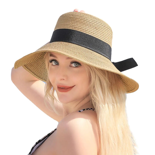 Beach Hats for Women - Wide Brim Sun Straw Hat for Women UPF 50+ UV Sun Protection Sun Hat Womens Floppy Sun Hat Foldable Roll up Cap Khaki