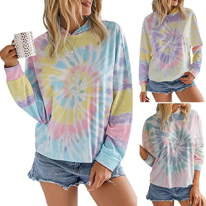 Hooded Tie-Dye Printed Long Sleeve T-Shirt Sweater womens