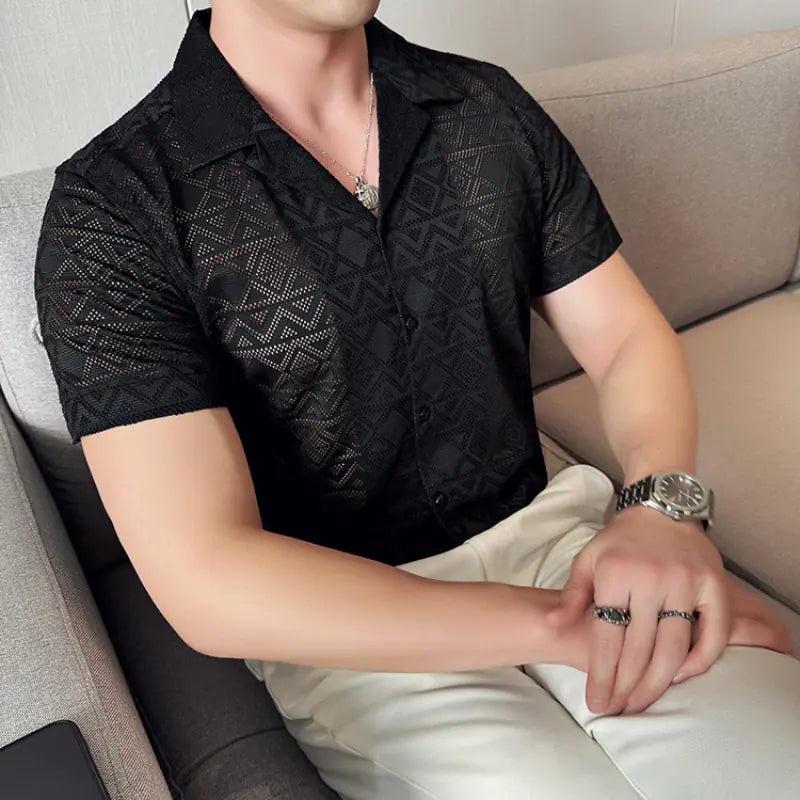 Men's Tailored Collar Short Sleeve Lace Shirt for Parties