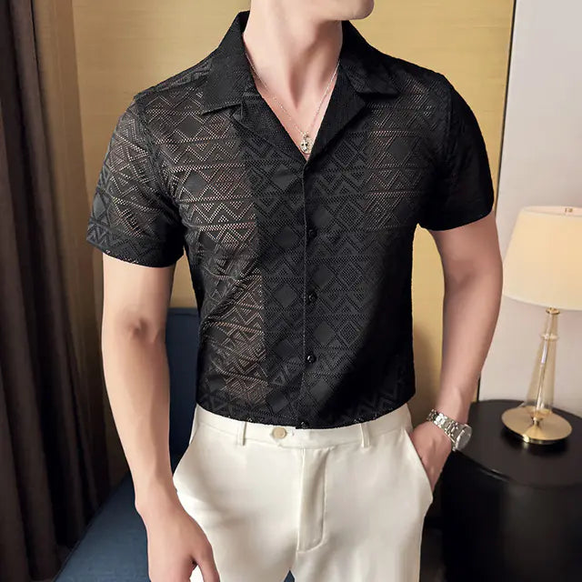 Men's Tailored Collar Short Sleeve Lace Shirt for Parties