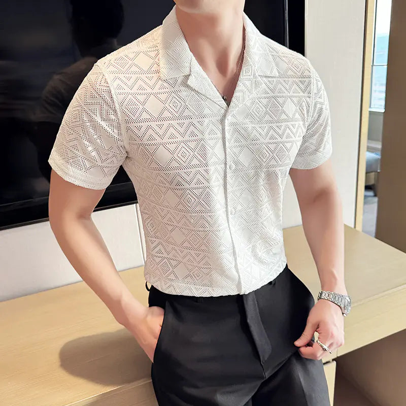 Men's Tailored Collar Short Sleeve Lace Shirt for Parties