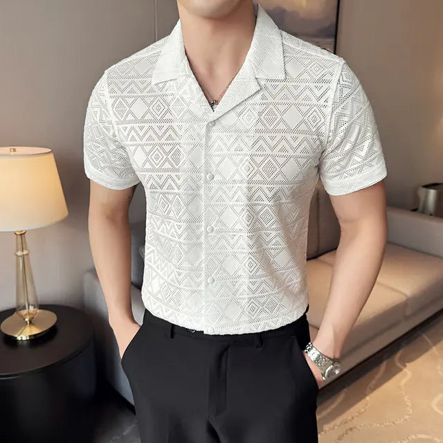 Men's Tailored Collar Short Sleeve Lace Shirt for Parties