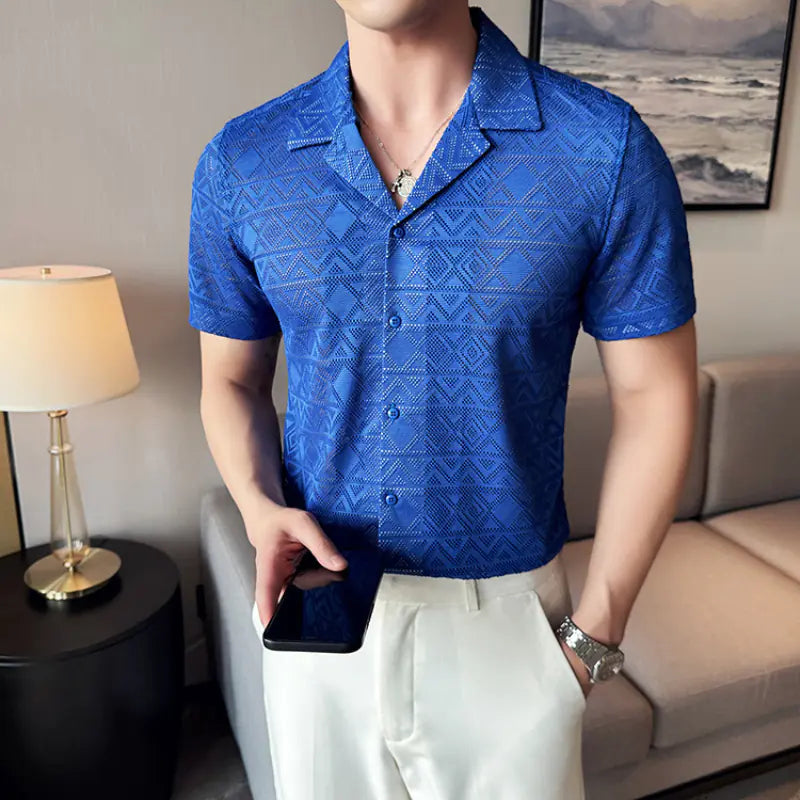 Men's Tailored Collar Short Sleeve Lace Shirt for Parties