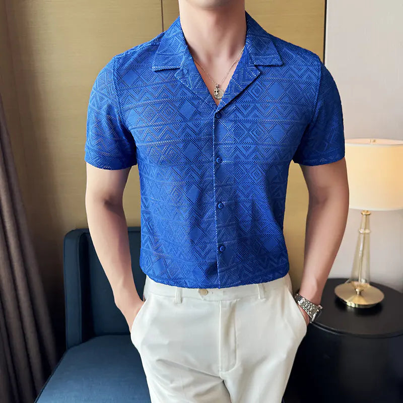 Men's Tailored Collar Short Sleeve Lace Shirt for Parties