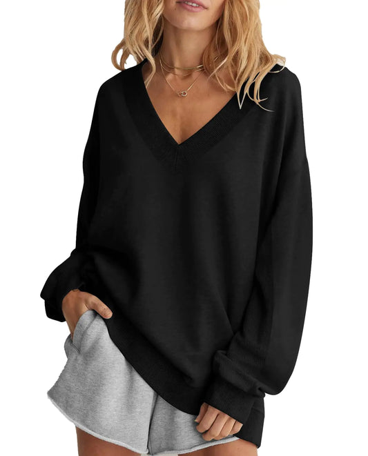 PEXIBROY Oversized Sweatshirt for Women 2024 Fall V Neck Striped Long Sleeve Shirts Hoodies Preppy Top Y2K Outfits Black