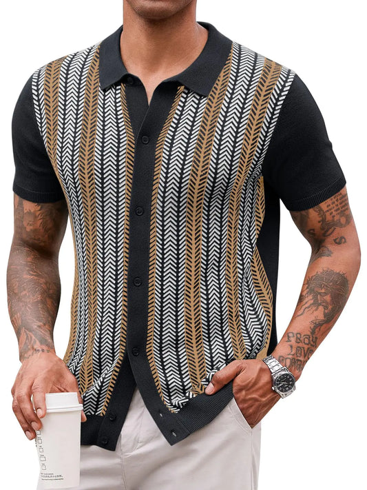 Runcati Mens Knit Polo Shirts Vintage Casual Short Sleeve Shirt Golf Button Down Old Money Sweater Black